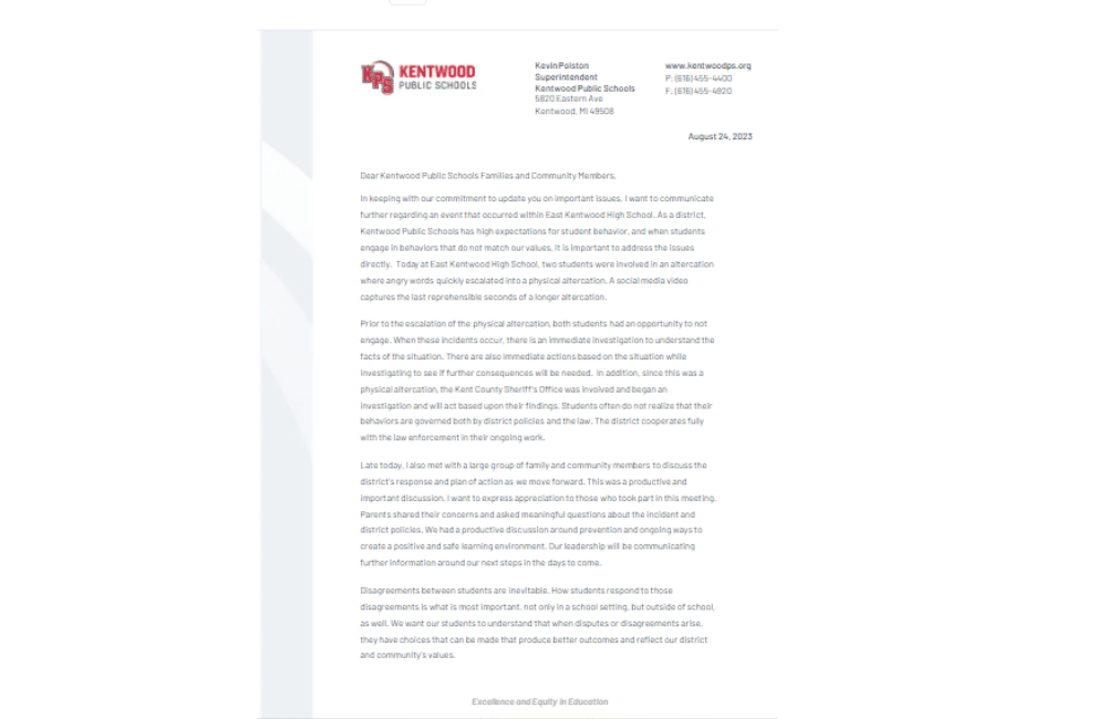 a letter issued by a school as a respond to East Kentwood Fight Video.