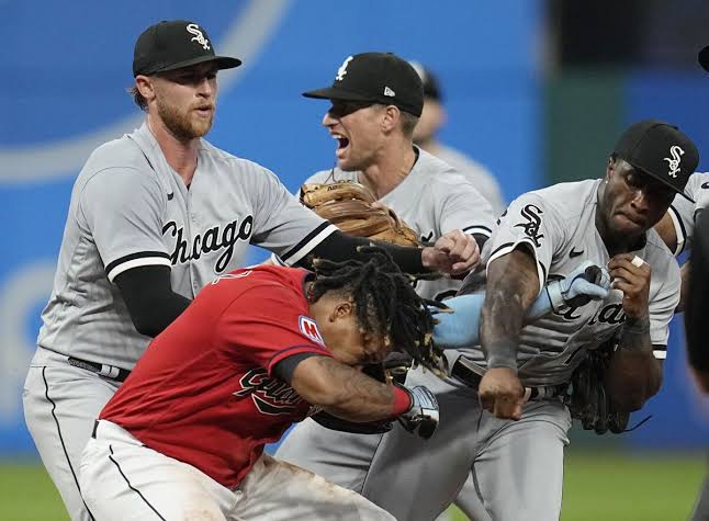 Tim Anderson of the Chicago White Sox and Jose Ramirez of the Cleveland Guardians got into a fight and punched one other during the sixth inning of a baseball game on August 5, 2023, in Cleveland.
